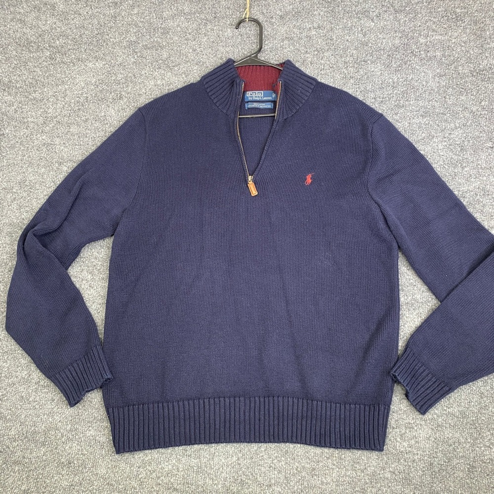 Polo Ralph Lauren Mens Navy Blue 1/4 Zip Cotton Sweater Red Pony VTG Medium